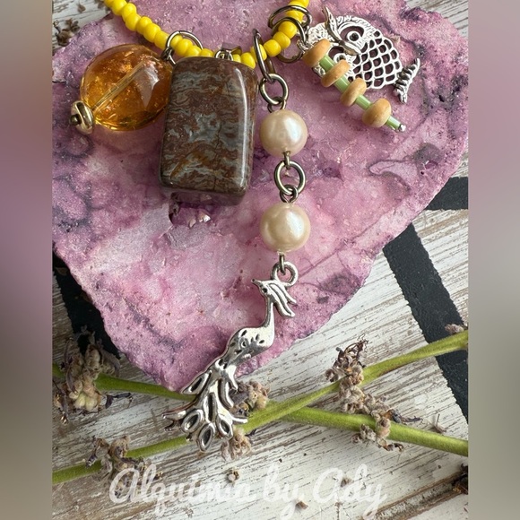 Silver and Brown Necklace with owl Charm and Amber and ocean jasper Bead